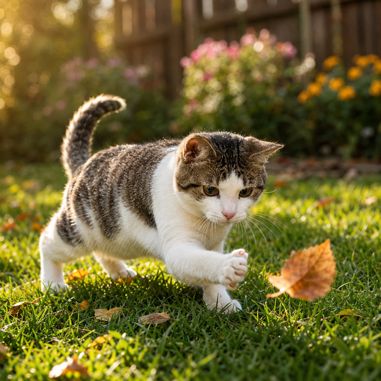 Franklin chasing a leaf in the garden